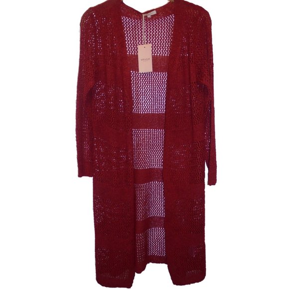 Cardigan Sweater NEW Knit dark red Duster long sleeve see-through - Picture 1 of 9